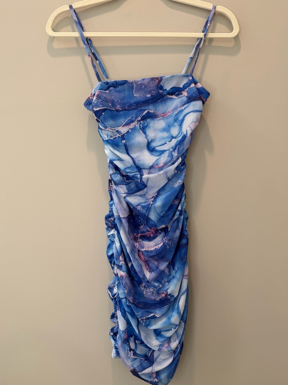 Windsor Blue Pink Abstract Ruched Midi Dress Strappy Bodycon Size S